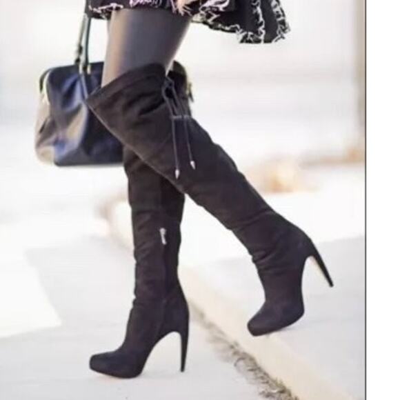 Sam Edelman Boots Womens 9 Kayla Over The Knee Black Suede Hi Heel Zip Lace Up - Picture 2 of 16